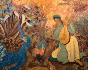 A framed painting shows a lush orange-toned garden scene with a seated musician, peacocks, birds and dense foliage.