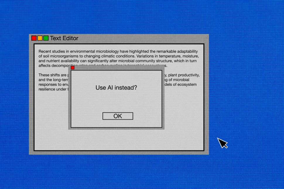 A text editor window on a computer desktop with a dialog box asking "Use AI instead?"