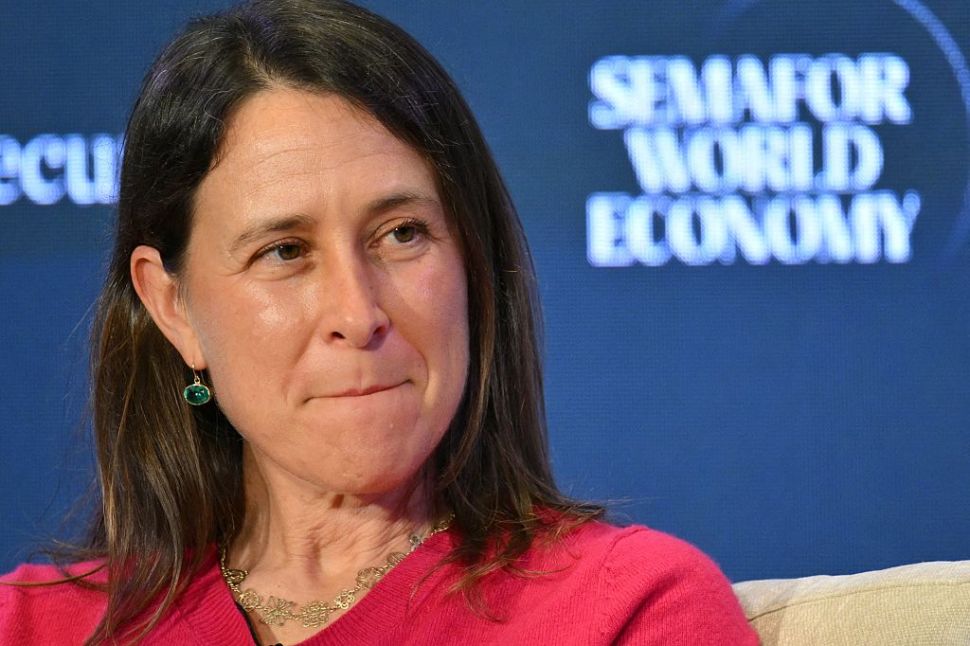 Anne Wojcicki in a pink sweater