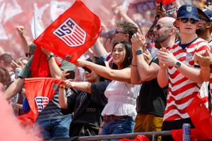 Fans of the USA celebrate a goal during the international friendly match between United States and Germany at Soldier Field on June 6, 2026 in Chicago, Illinois.