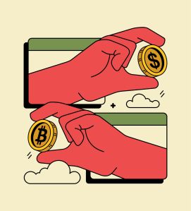 Hands converting standard currency into cryptocurrency