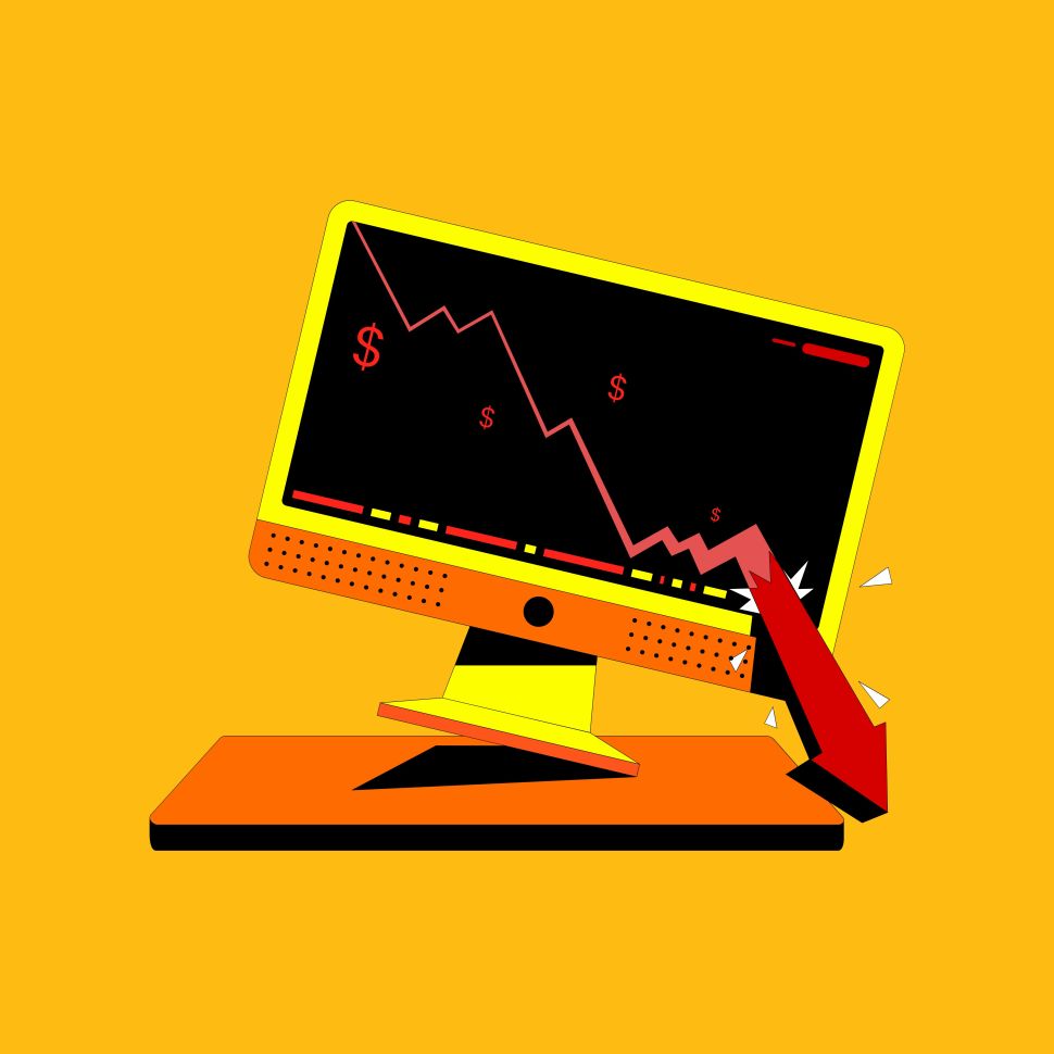 Illustration of a computer monitor breaking as a graph shows finanical market declining