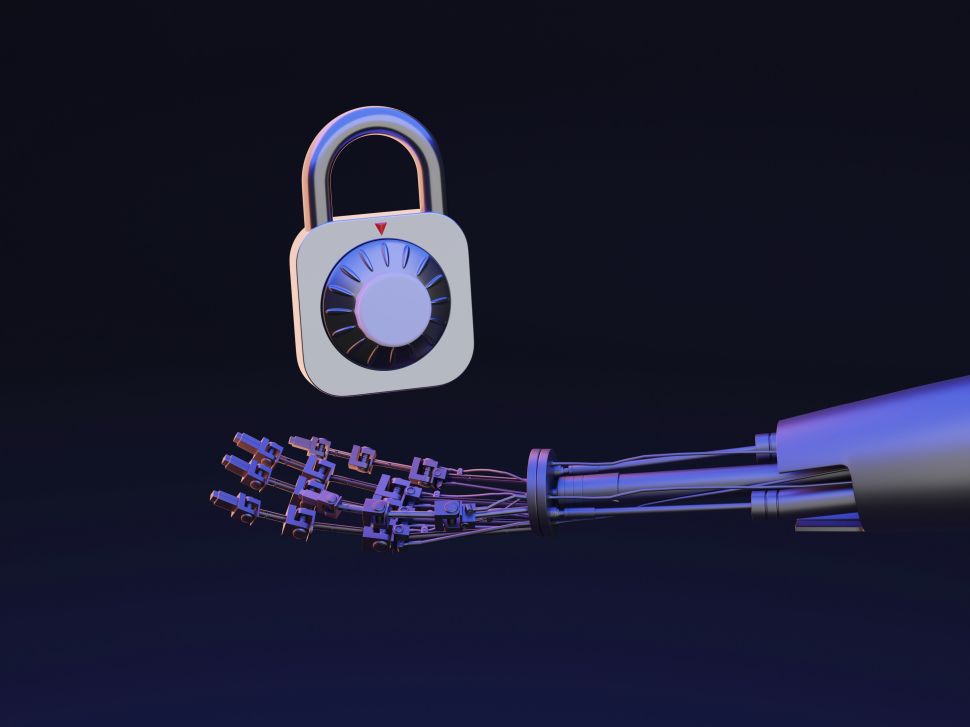 A robotic hand under a padlock