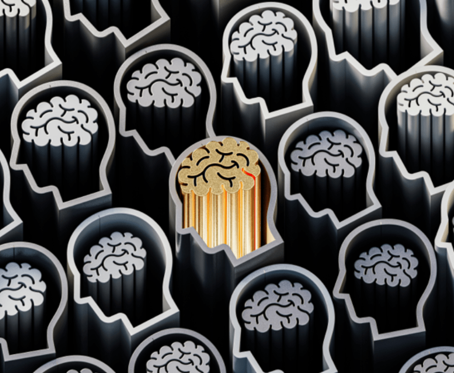 A repeating pattern of outlines of silver heads with brains and a center head with a gold brain